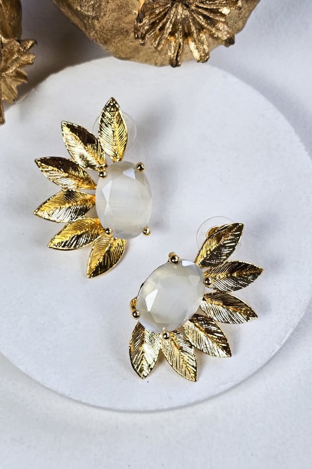 Kedi Gözü Taşlı Çiçek Küpe Beyaz