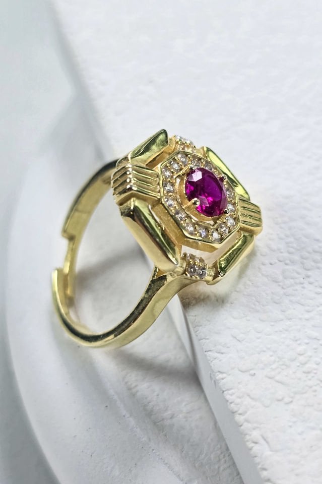 925 Ayar Gümüş 14 Ayar Altın Kaplama Ruby Taşlı Yüzük