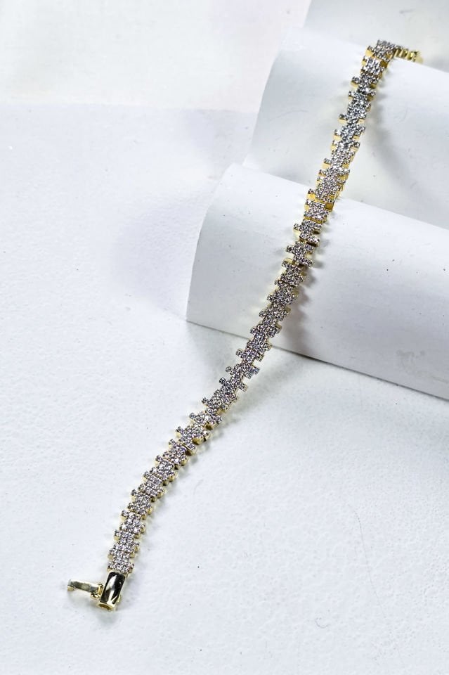 Zigzag Taşlı 925 Ayar Gümüş 14 Ayar Altın Kaplama İthal Bileklik