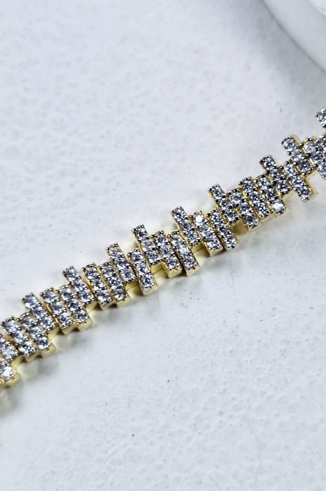 Zigzag Taşlı 925 Ayar Gümüş 14 Ayar Altın Kaplama İthal Bileklik