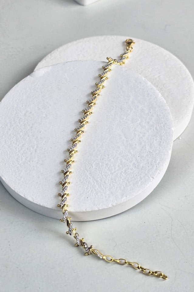 925 Ayar Gümüş 14 Ayar Altın Kaplama Çift Renk Bileklik