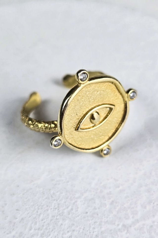 925 Ayar Gümüş 14 Ayar Altın Kaplama Antik Göz Yüzük