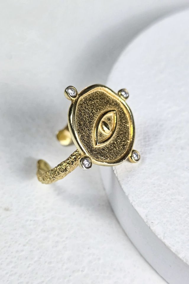 925 Ayar Gümüş 14 Ayar Altın Kaplama Antik Göz Yüzük