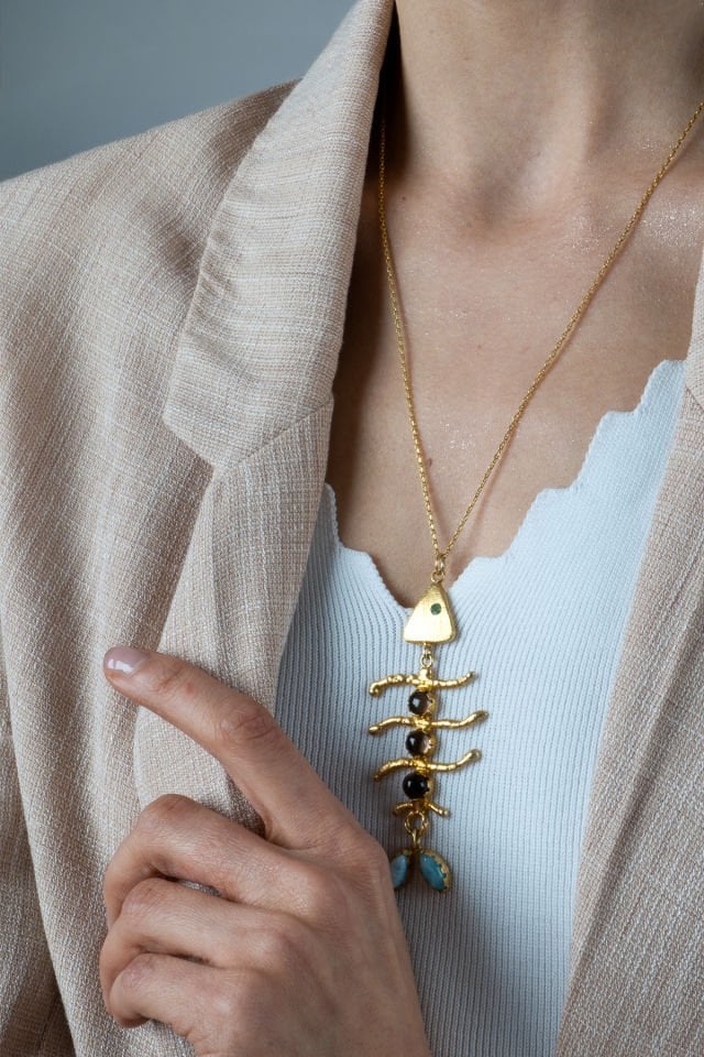 925 Ayar Gümüş 14 Ayar Altın Kaplama Aquamarin Balık Kolye