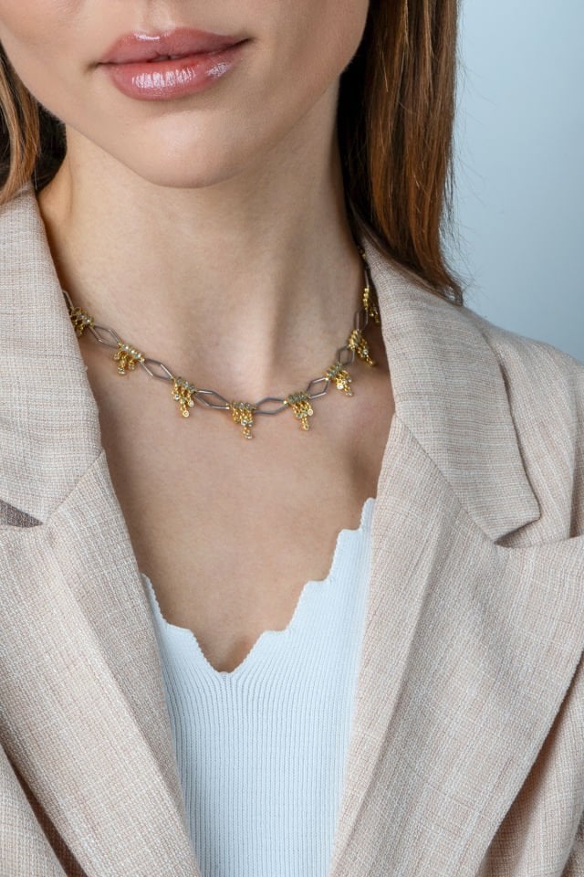 925 Ayar Gümüş 14 Ayar Altın ve Rodyum Kaplama Taşlı Kolye