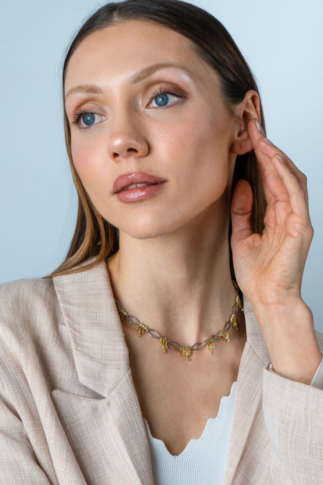 925 Ayar Gümüş 14 Ayar Altın ve Rodyum Kaplama Taşlı Kolye