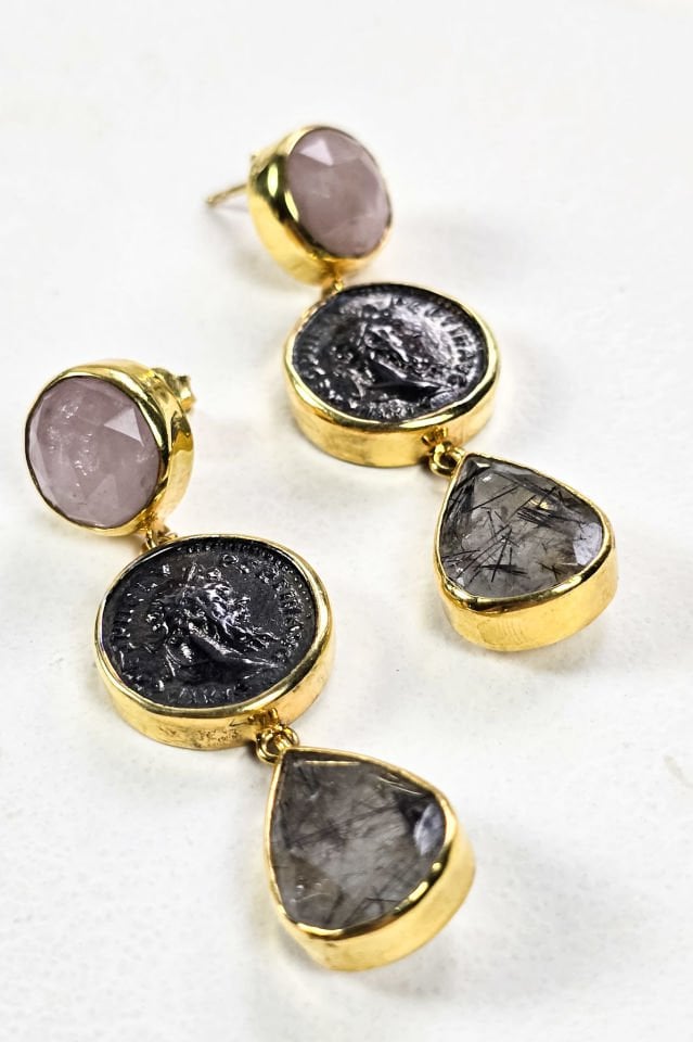 925 Ayar Gümüş 14 Ayar Altın Kaplama Antik Küpe