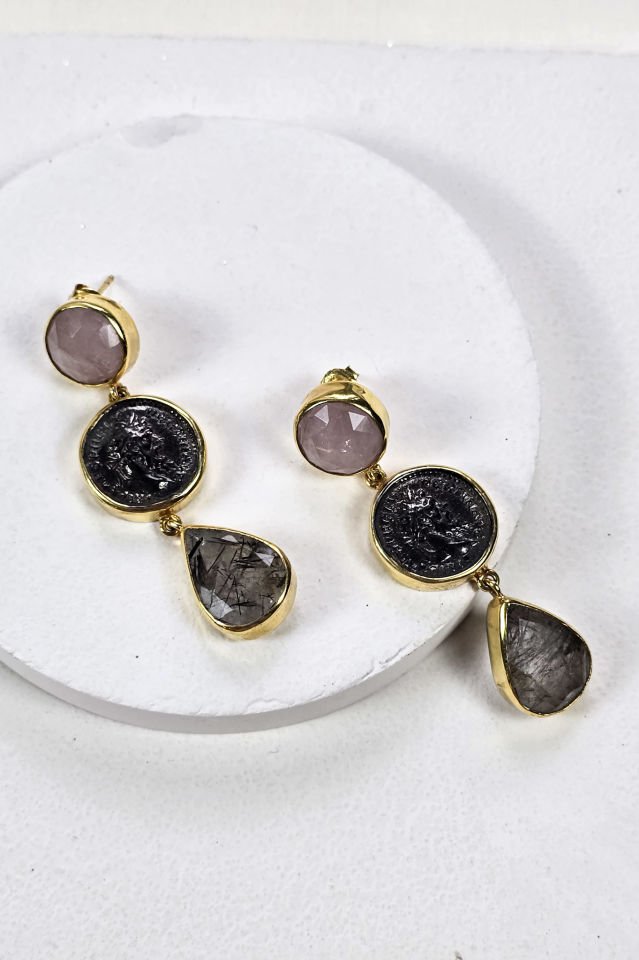 925 Ayar Gümüş 14 Ayar Altın Kaplama Antik Küpe