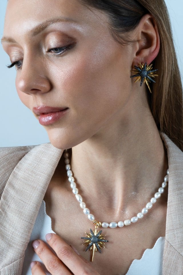 İncili Kuzey Yıldızı Kolye Küpe Set Siyah