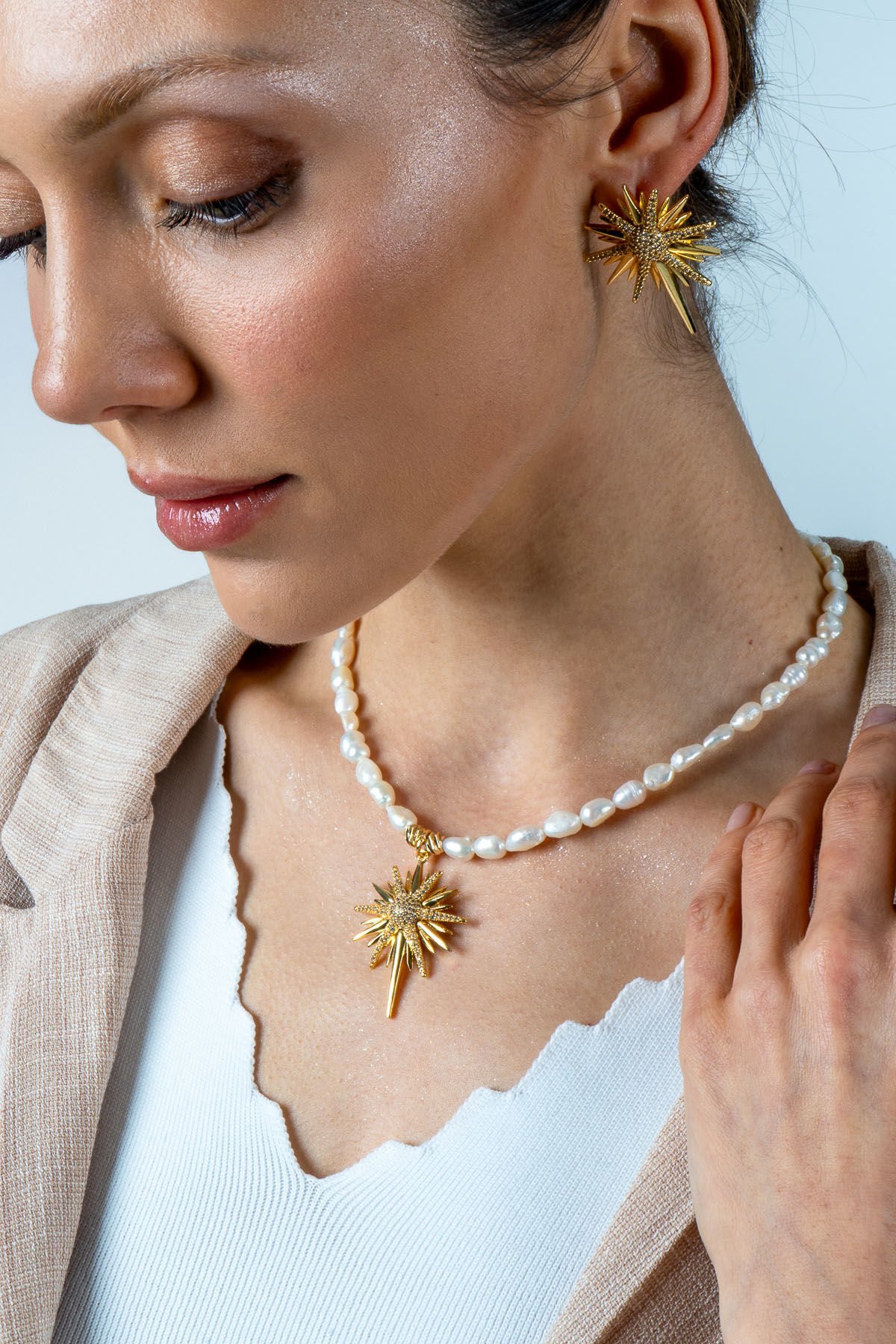 İncili Kuzey Yıldızı Kolye Küpe Set Gold