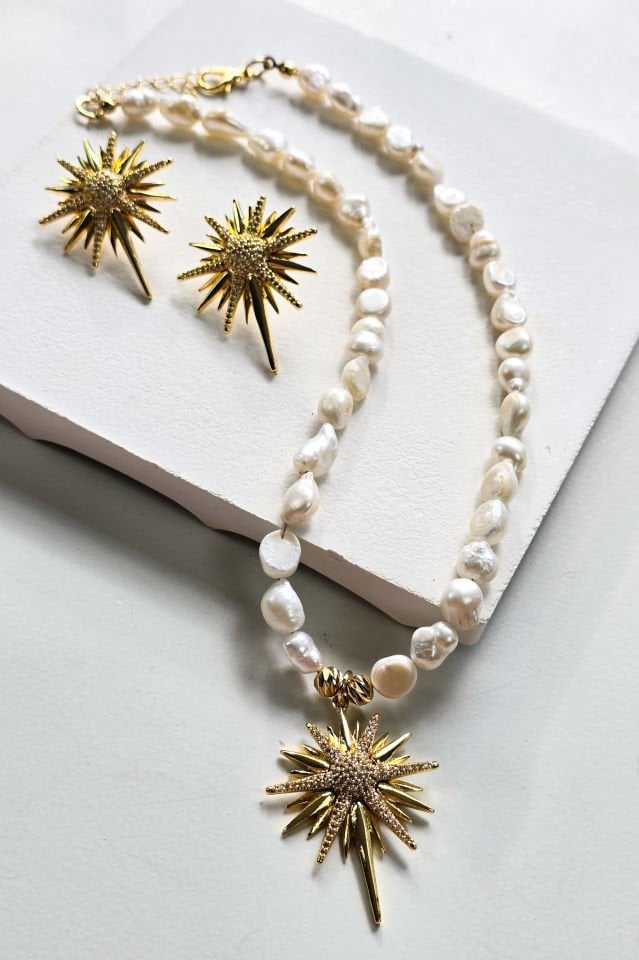 İncili Kuzey Yıldızı Kolye Küpe Set Gold