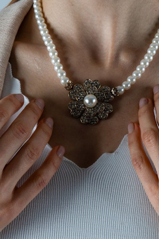 Bronz Çiçek İnci Kolye Küpe Set