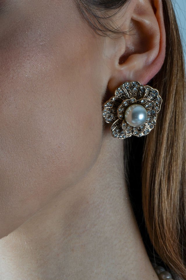 Bronz Çiçek İnci Kolye Küpe Set