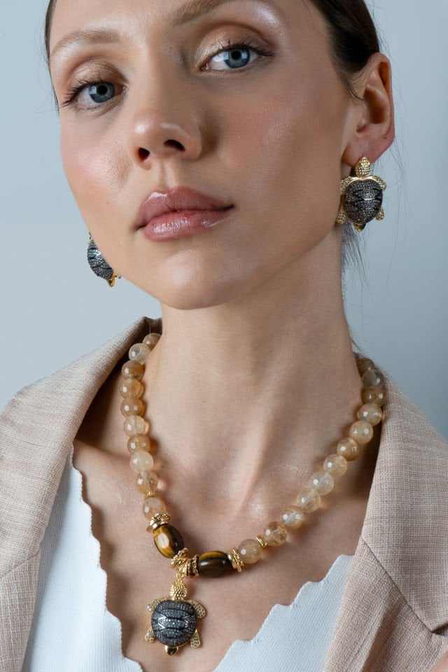 Sitrin Caretta Kolye Küpe Set (3.Çakra/Solar Pleksus Çakra Taşı)