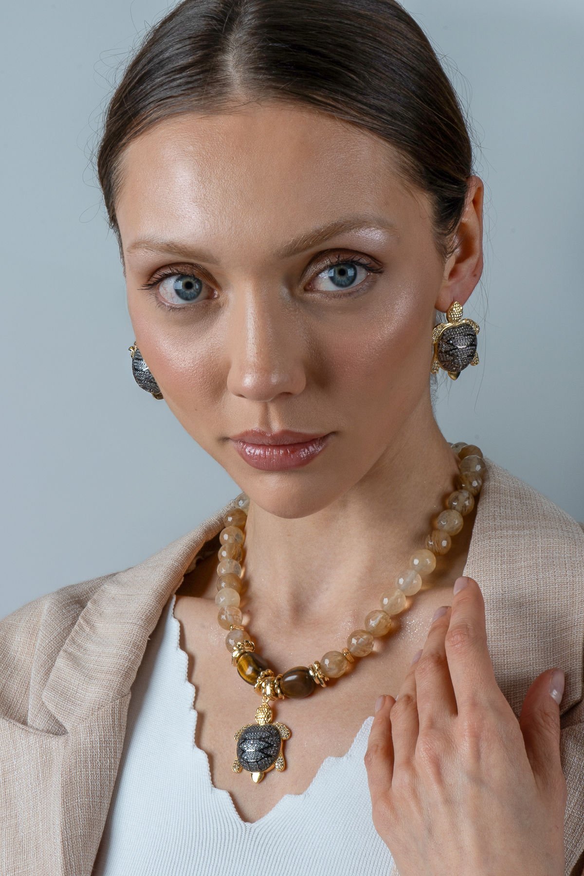 Sitrin Caretta Kolye Küpe Set (3.Çakra/Solar Pleksus Çakra Taşı)