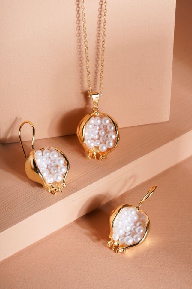 İncili Nar Kolye Küpe Set Beyaz