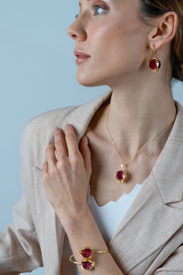 İncili Nar Kolye Küpe Set Kırmızı