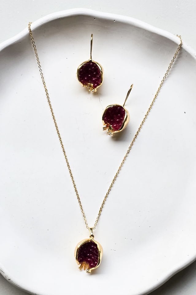 İncili Nar Kolye Küpe Set Kırmızı