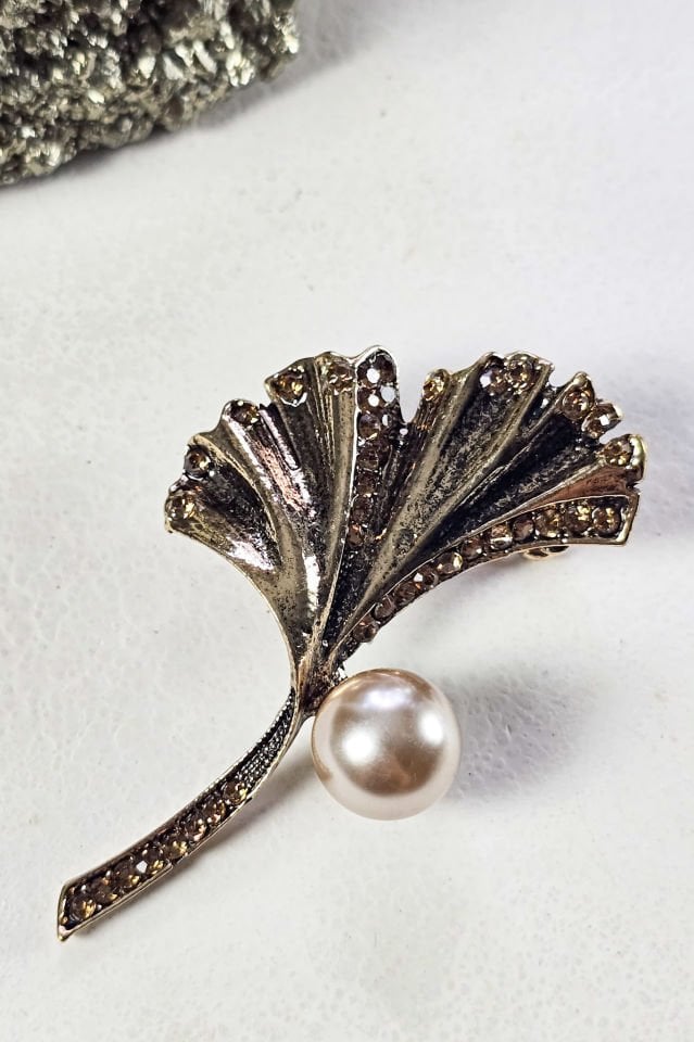 El Yapımı Bronz İncili Yaprak Broş