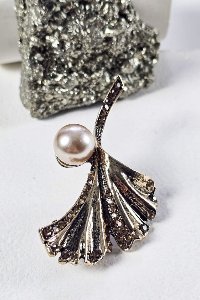 El Yapımı Bronz İncili Yaprak Broş