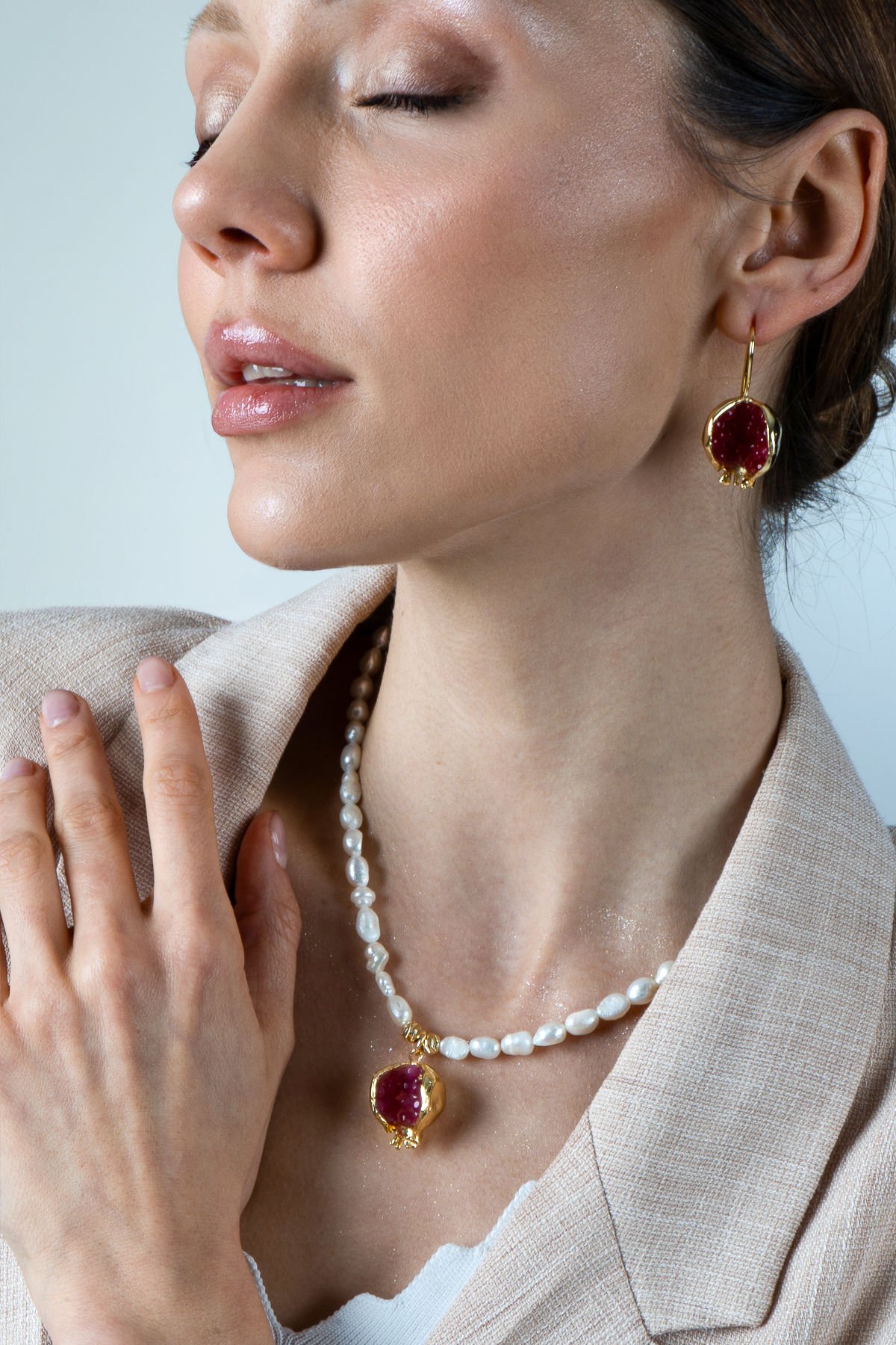 İnci Nar Kolye Küpe Set