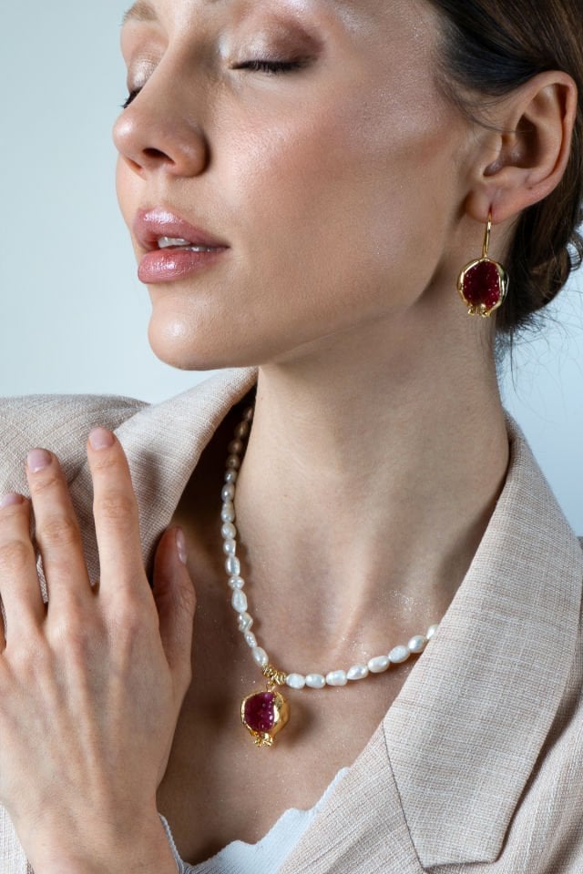 İnci Nar Kolye Küpe Set Kırmızı