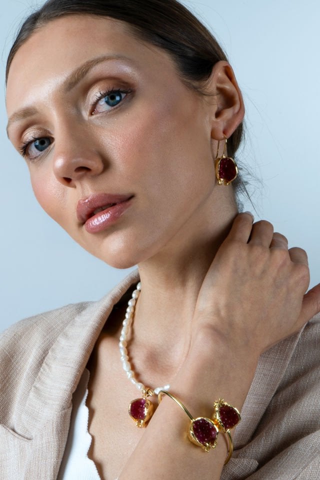 İnci Nar Kolye Küpe Set Kırmızı