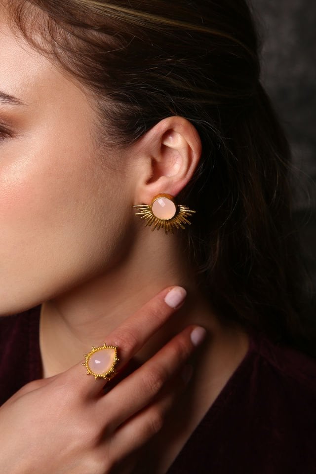 Rose Quartz Küpe Yüzük Set