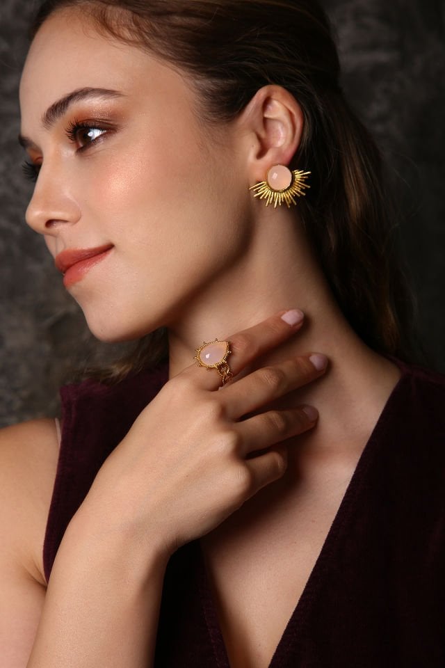 Rose Quartz Küpe Yüzük Set