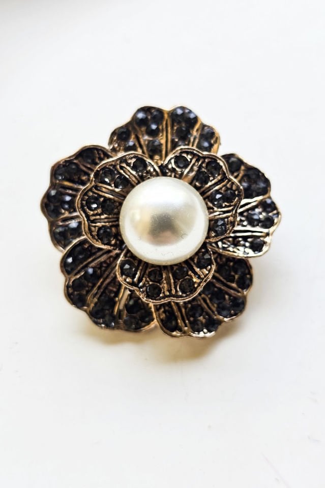 El Yapımı Bronz İncili Çiçek Broş