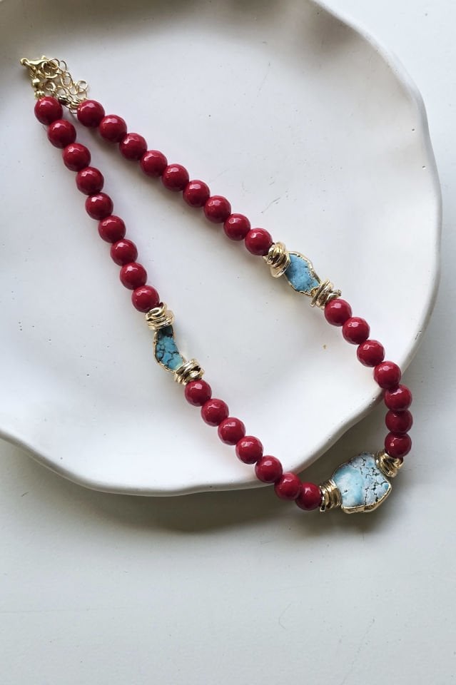 Turkuaz & Mercan Taşlı Kolye Bileklik Set