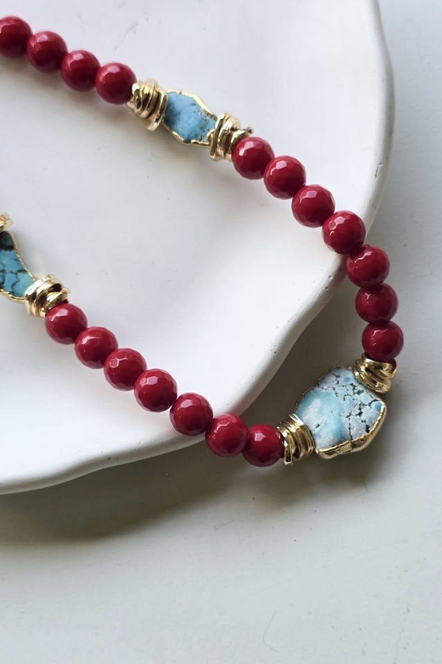 Turkuaz & Mercan Taşlı Kolye Bileklik Set