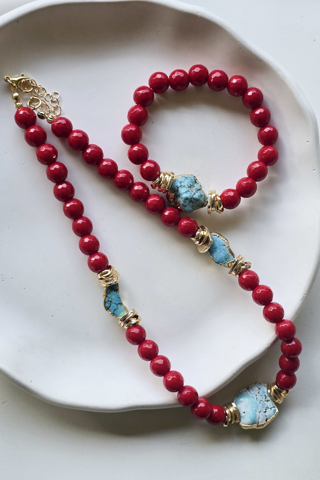 Turkuaz & Mercan Taşlı Kolye Bileklik Set