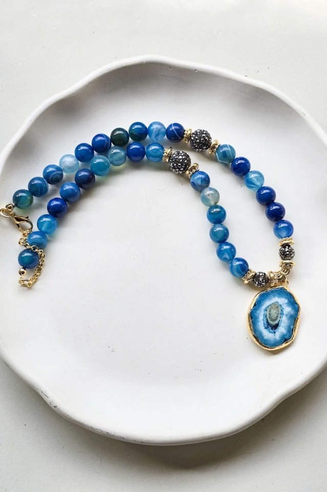 Mavi Akik Hematit Kolye