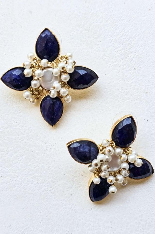 İncili Çiçek Küpe Lacivert