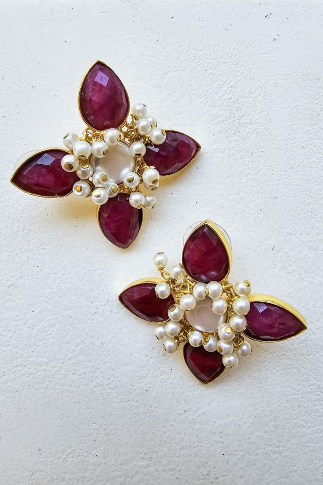 İncili Çiçek Küpe Mor