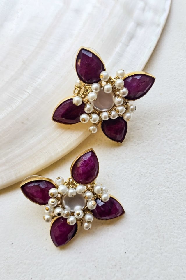 İncili Çiçek Küpe Mor