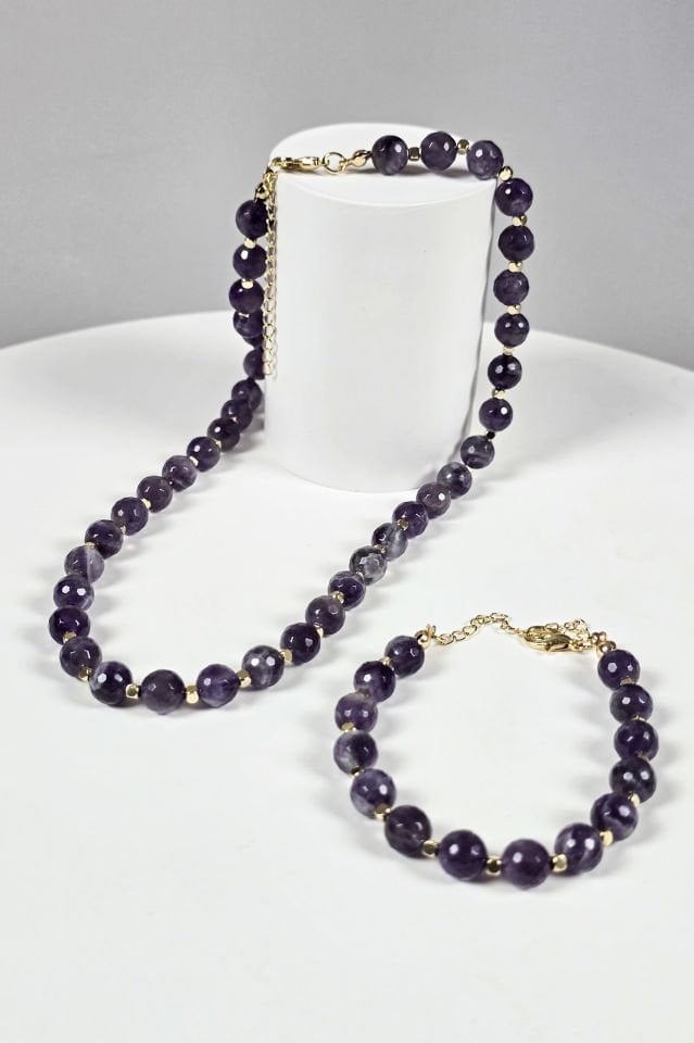 Ametist Kolye Bileklik Set (6.ve 7. Çakra/Üçüncü Göz ve Tepe Çakra Taşı)