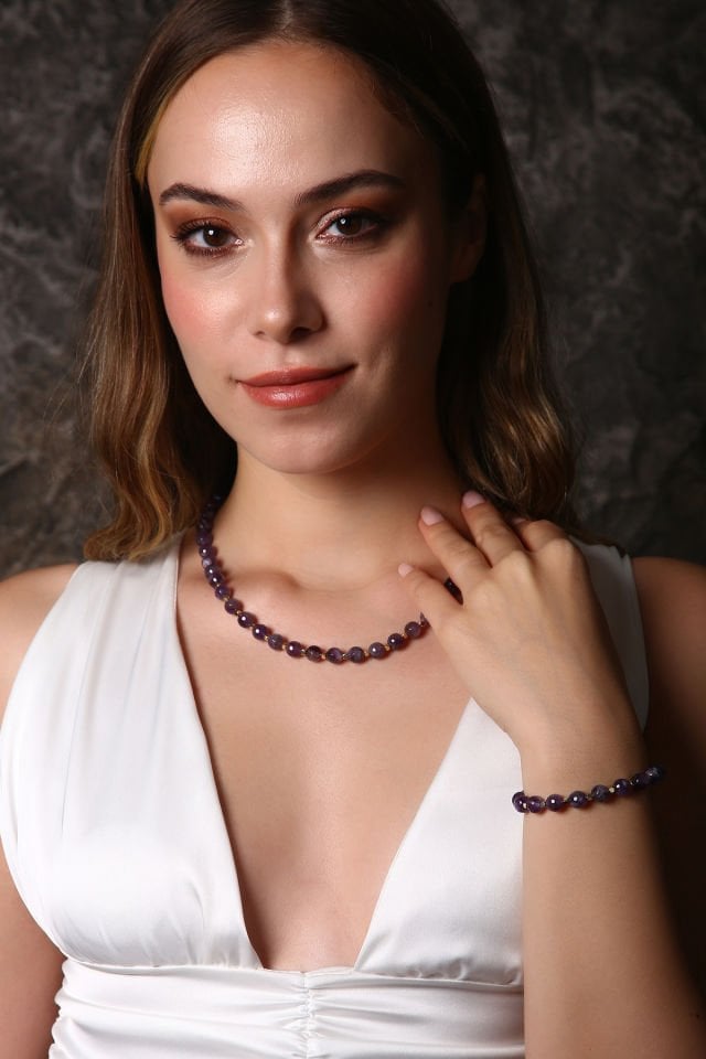 Ametist Kolye Bileklik Set (6.ve 7. Çakra/Üçüncü Göz ve Tepe Çakra Taşı)
