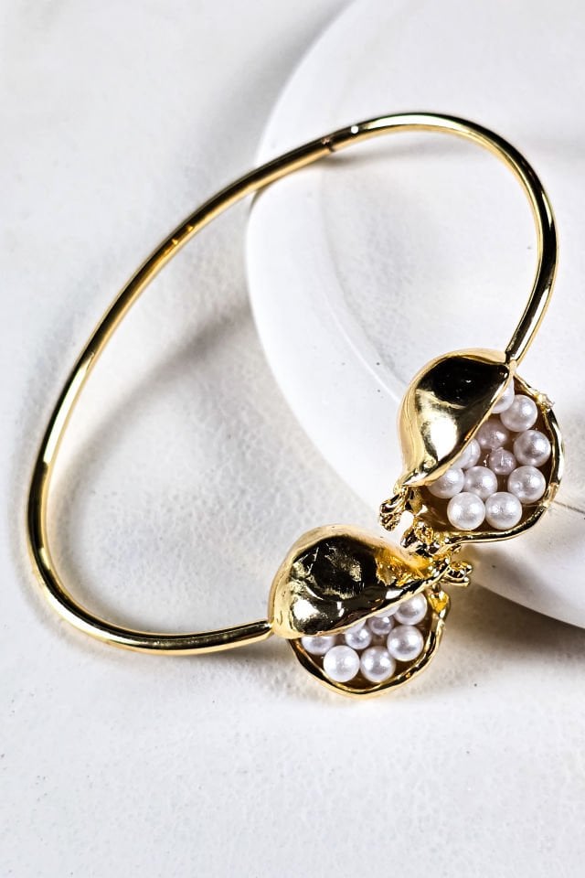 İncili Nar Kolye Küpe Bileklik Set Beyaz