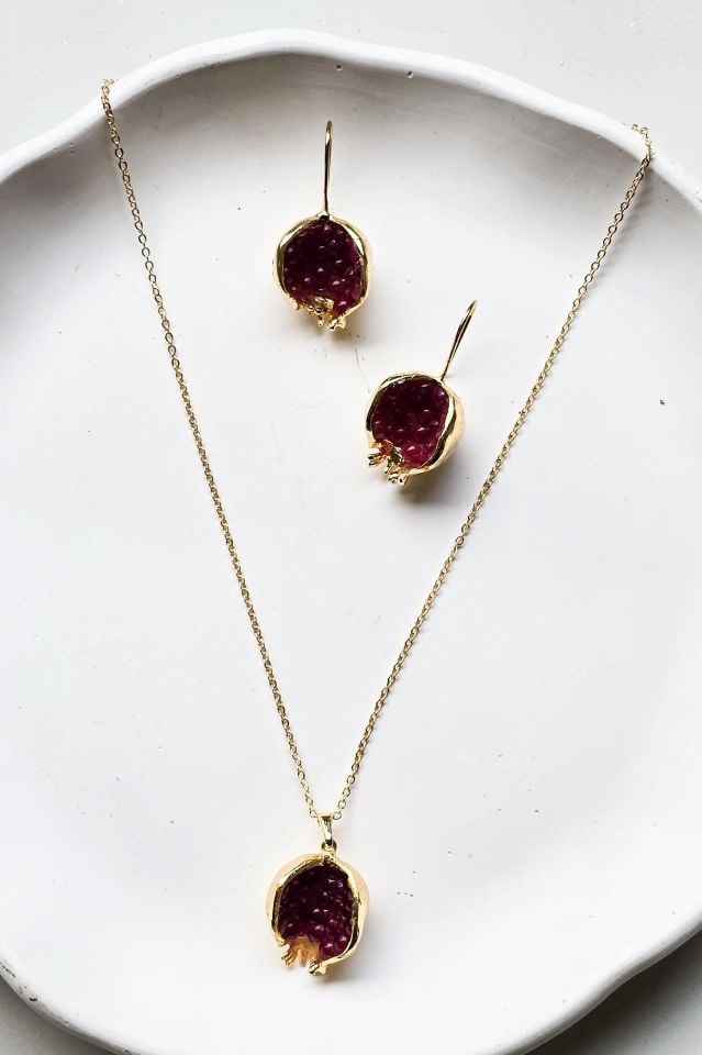 İncili Nar Kolye Küpe Bileklik Set Kırmızı