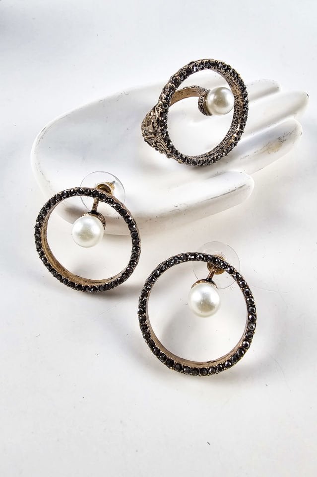 Lunaire İncili Bronz Küpe Yüzük Set