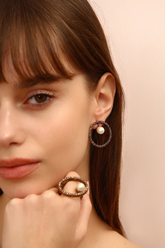 Lunaire İncili Bronz Küpe Yüzük Set