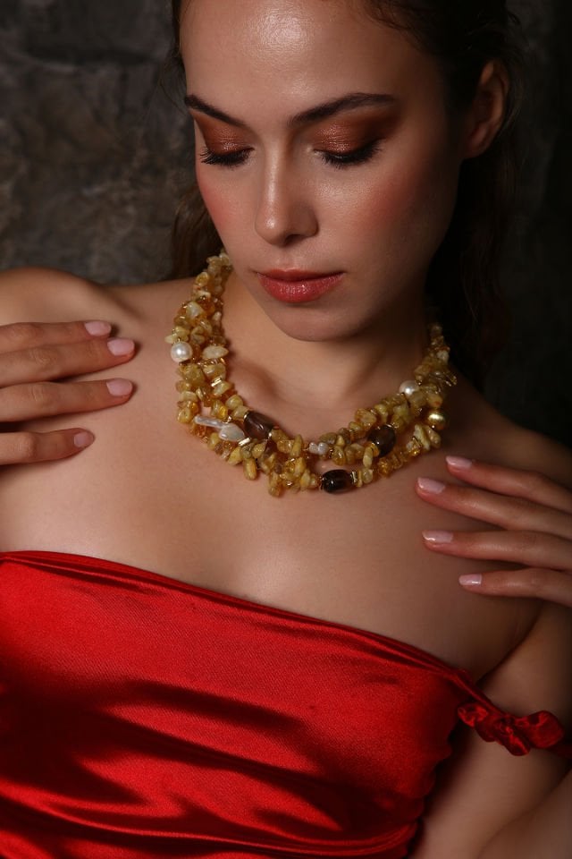 Üç Sıra Sitrin Kolye (3.Çakra/Solar Pleksus Çakra Taşı)