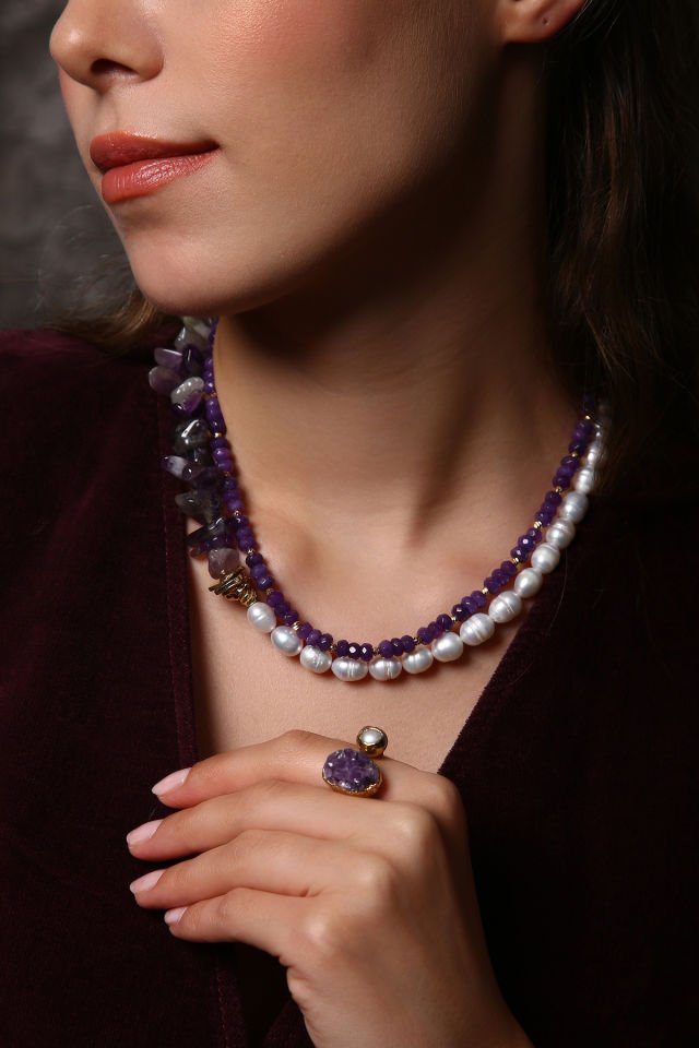 İncili Ametist Çift Sıra Kolye (6.ve7.Çakra / Üçüncü Göz ve Tepe Çakrası )