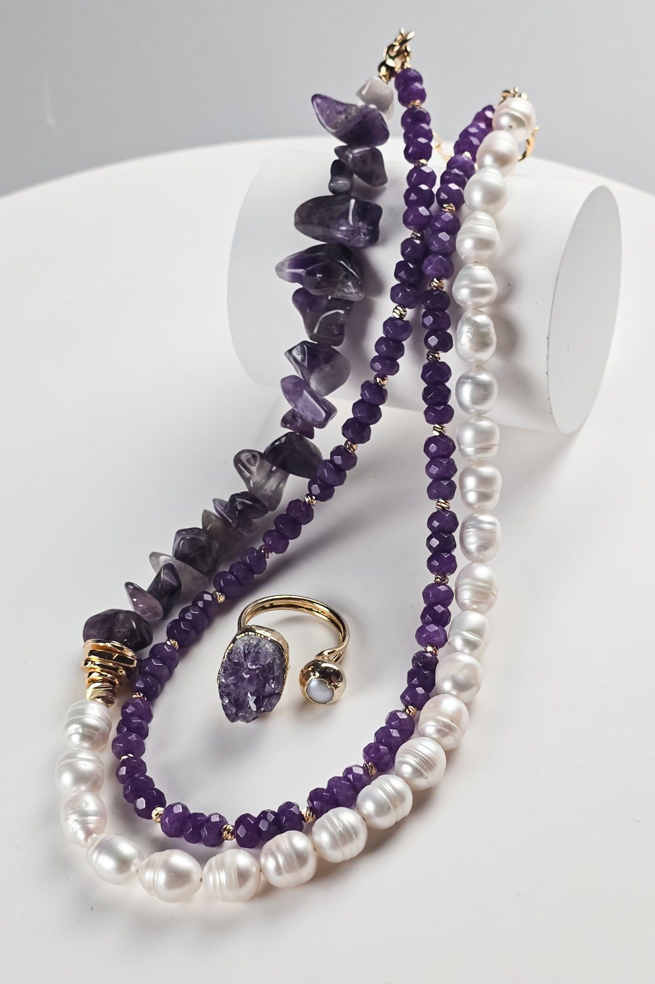 Ruhun Işıltısı İncili Ametist Kolye Yüzük Set (6.ve7.Çakra / Üçüncü Göz ve Tepe Çakrası )