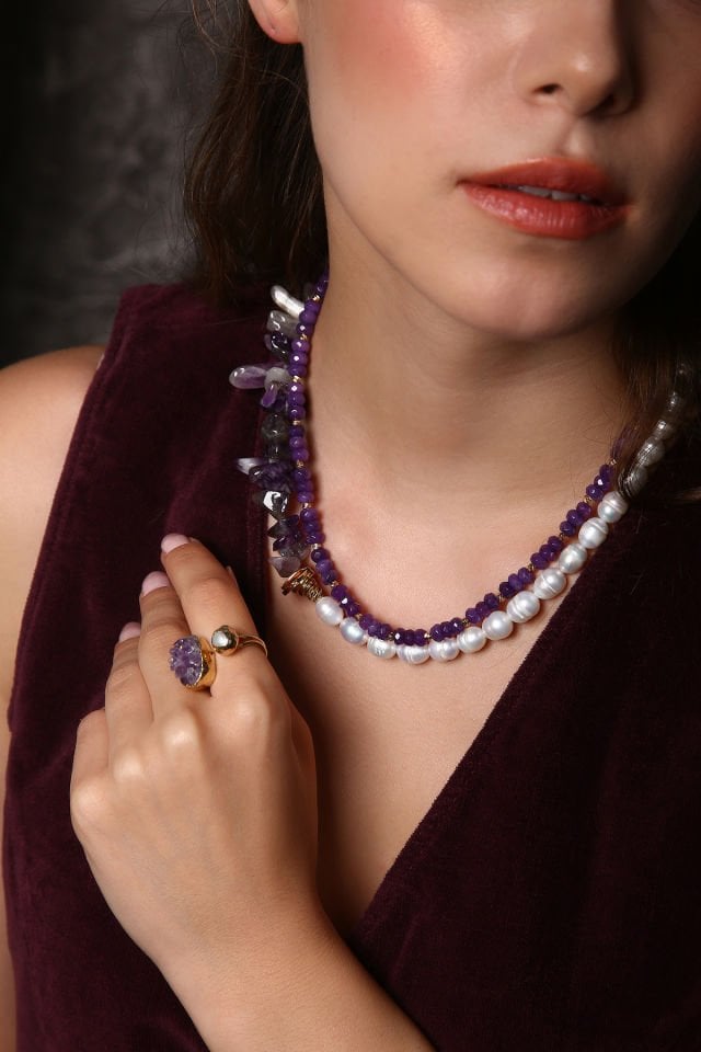 Ruhun Işıltısı İncili Ametist Kolye Yüzük Set (6.ve7.Çakra / Üçüncü Göz ve Tepe Çakrası )