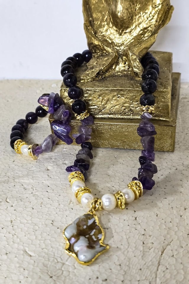 Ametist Aura Kolye Bileklik Set (6.ve7.Çakra / Üçüncü Göz ve Tepe Çakrası )