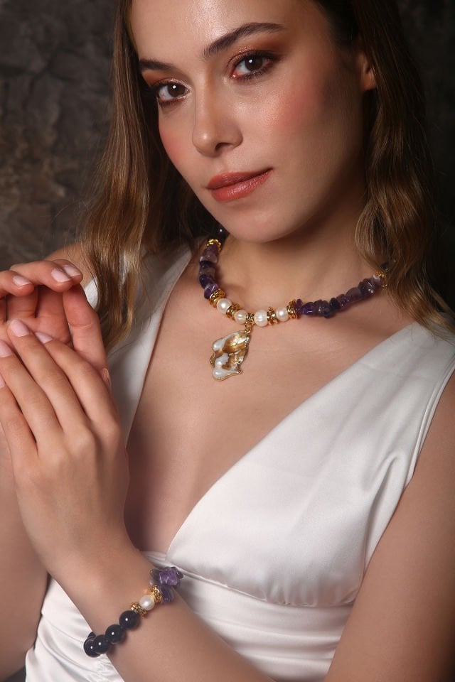 Ametist Aura Kolye Bileklik Set (6.ve7.Çakra / Üçüncü Göz ve Tepe Çakrası )