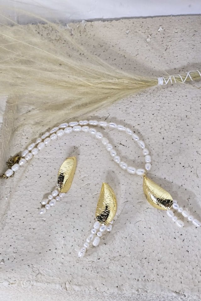 Oyster İncili Kolye Küpe Set